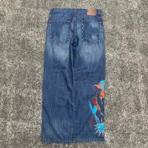 Ed Hardy Baggy Jeans Size 34 Y2K Streetwear Wide Leg Denim Tattoo